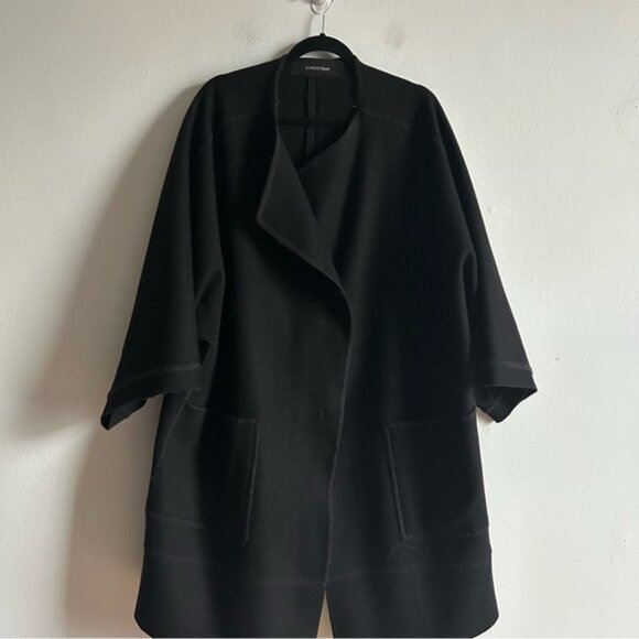 Lundstrom Sz M Wool Black Relaxed Open Front Lagenlook Jacket Coat - Picture 2 of 12